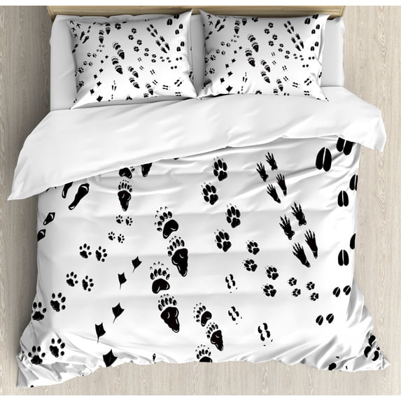 Foot Print Duvet Cover Set Queen Size, Monochromatic Pattern of Paws of Birds Cats Chicken Squirrel and Dogs Pattern, Decorative 3 Piece Bedding Set with 2 Pillow Shams, Black White, by Ambesonne