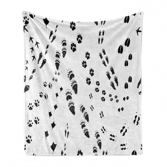 Foot Print Soft Flannel Fleece Blanket, Monochromatic Pattern of Paws of Birds Cats Chicken Squirrel and Dogs Pattern, Cozy Plush for Indoor and Outdoor Use, 50" x 60", Black White, by Ambesonne