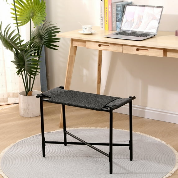 Foot Rest Shoes Stools, Handwoven Paper Rope Ottomans Crafted from natural paper rope and metal frame for Entryway, Living Room, Bedroom & Office, Easy to Assemble (Black)