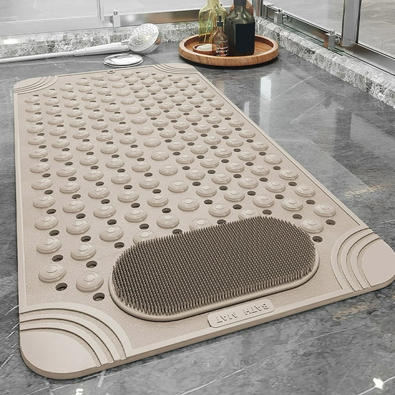 Foot Scrubber Shower Mat with Pumice Stone Anti-Slip Suction Cups Drain Holes for Bathtub Feet Massage Exfoliate Dead Skin, Beige