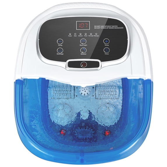 Foot Spa/Bath Massager, with Shiatsu Massage, Motorized Rollers, Shower, Heat, Red Light, Temperature Control, Timer, LED Display, Drainage Pipe for Foot Stress Relief (Side Blue)