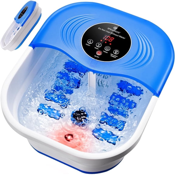 Foot Spa Bath Massager with Heat Bubble Jets Red Light Timer 95-118 Temperature Control 8 Shiatsu Rollers Pumice Stone Blue