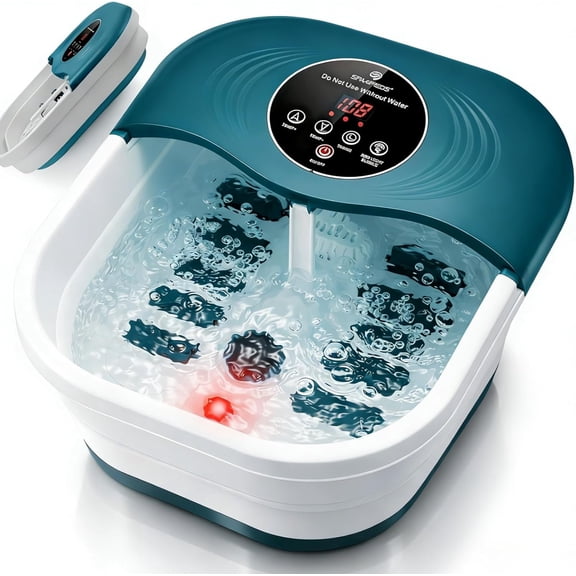 Foot Spa Bath Massager with Heat Bubble Jets Red Light Timer 95-118 Temperature Control 8 Shiatsu Rollers Pumice Stone Color Green