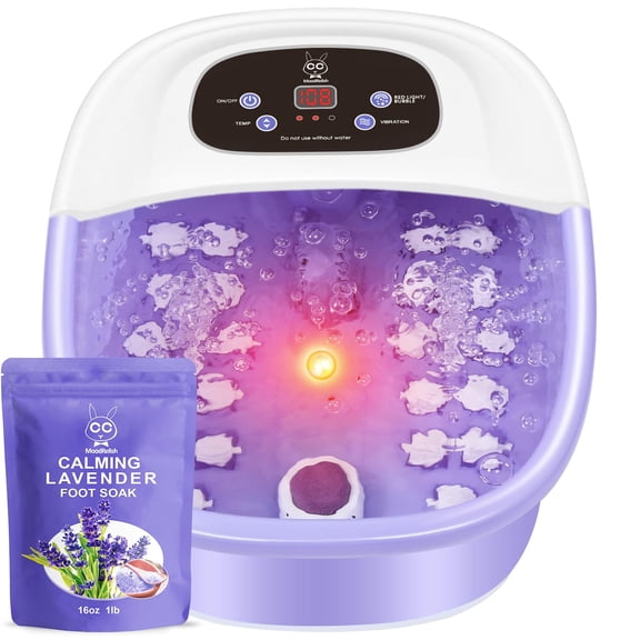 Foot Spa Bath Massager with Heat Bubbles Vibration Jets Red Light 22 Rollers Adjustable Temperature Purple