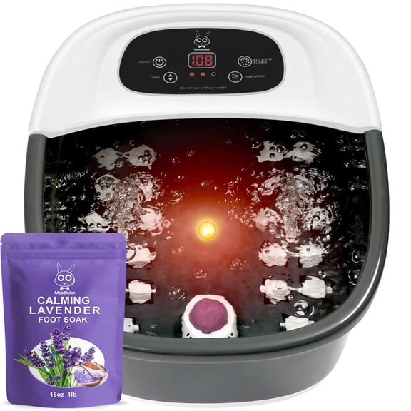 Foot Spa Bath Massager with Heat Bubbles Vibration Jets Red Light and 22 Massage Rollers Adjustable Temperature Black