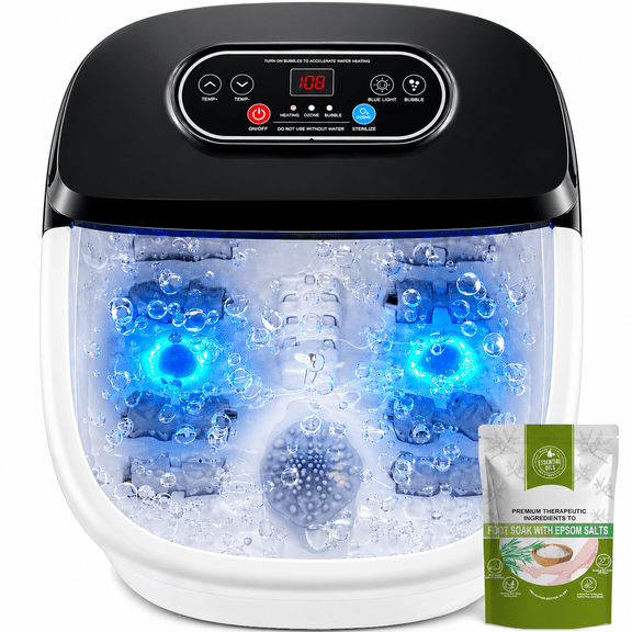Foot Spa Tub with Heat, Bubbles, Ozone & Blue Light, Adjustable Temperature Foot Bath Massager with 8 Manual Rollers for Home Use