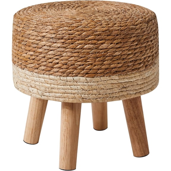 Foot Stool,12.6" Round Small Ottoman, Natural+White, HBD027W | Natural Seagrass Hand Weave, Footrest, Non-Skid Wood Legs, Boho, For Living Room, Bedroom, Entryway,outdoor