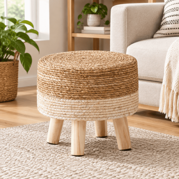 Foot Stool Natural Seagrass Hand Weave Poufs Round Ottoman for Couch Desk Soft Step Stool Padded Foot Rest with Non-Skid Pine Legs for Hallway Office Lounge Natural/White