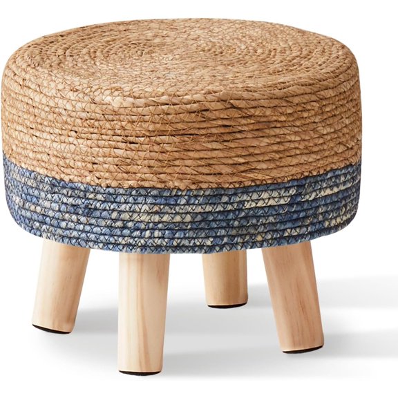 Foot Stool Natural Seagrass Hand Weave Poufs Round Ottoman for Couch Desk Soft Step Stool Padded Foot Rest with Non-Skid Pine Legs for Hallway Office Lounge Natural/Blue