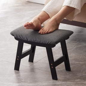 Foot Stool,Ottoman,Bamboo Small Sofa Foot Rest Under Desk,Extra Seating for Living Room, Bedroom and Kitchen (Black Stool Legs - Gray Surface)