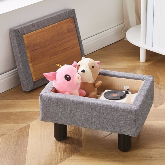 Foot Stool Ottomans Linen Footrest Storage Ottoman Step Stool Seat with Solid Wood Legs Modern Accent Stools for Couch Living Room Dark Grey