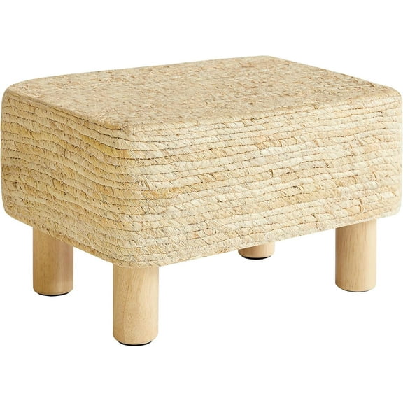 Foot Stool Rectangular Footrest Natural Seagrass Hand Weave Pouf Ottoman with Wooden Legs, Multifunctional Modern Dressing Stool, Sofa Side Table for Living Room Bedroom Entryway Beige