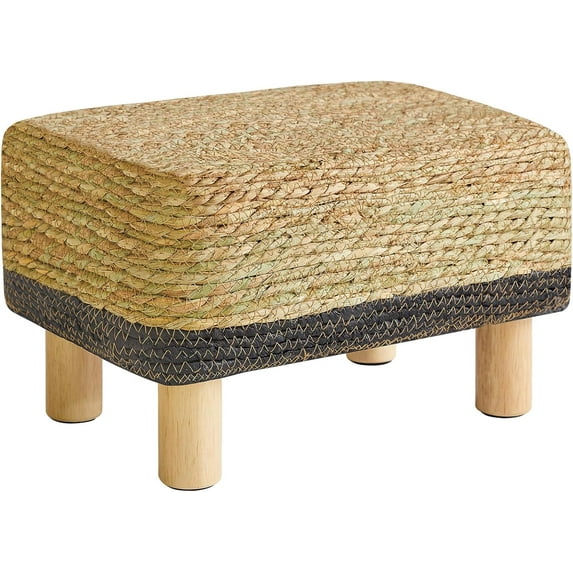 Foot Stool Rectangular Footrest Natural Seagrass Hand Weave Pouf Ottoman with Wooden Legs, Multifunctional Modern Dressing Stool, Sofa Side Table for Living Room Bedroom Entryway Black