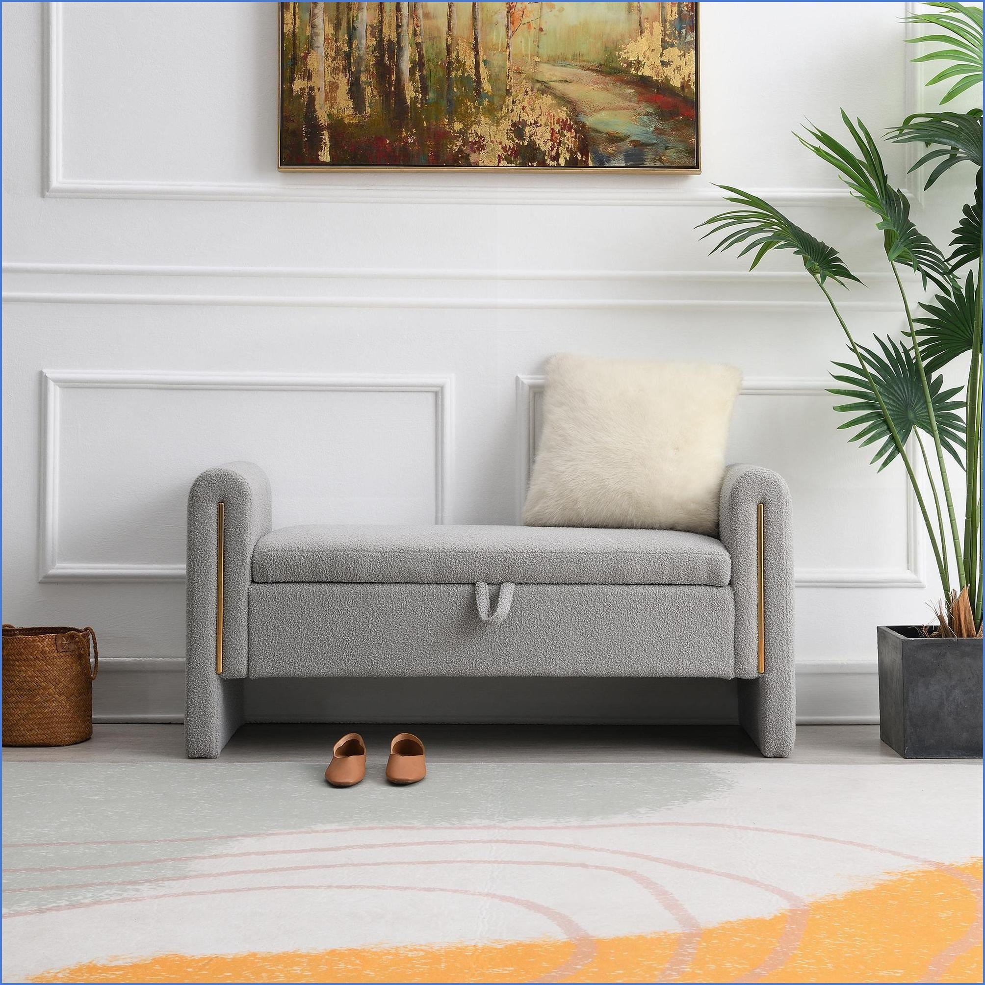 Foot Stool with Storage | Modern Teddy Fabric Ottoman for Bedroom, Living Room | Charcoal Gray | Teddy Fabric