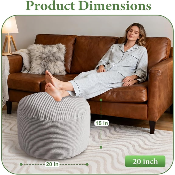 Foot Stools Ottoman,Round Stuffed Pouf Ottoman, Corduroy Poufs with Foam Chunk Filling, Furry and Fluffy Storage Ottomans, 20 X 15 inch Floor Poufs Foot Rest for Living Room