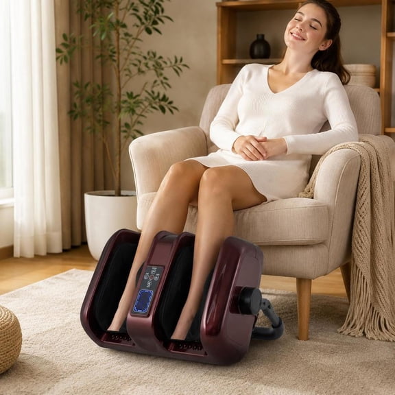 Foot and Calf Massager with Heat, Shiatsu Deep Kneading, and Rolling Function, Red