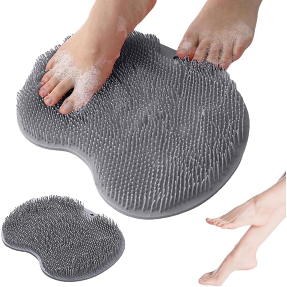 Foot cleaning brush for the shower; non-slip bathtub and shower mat with suction cups and drainage holes; foot and back cleaning pad / exfoliating bath mat (gray)