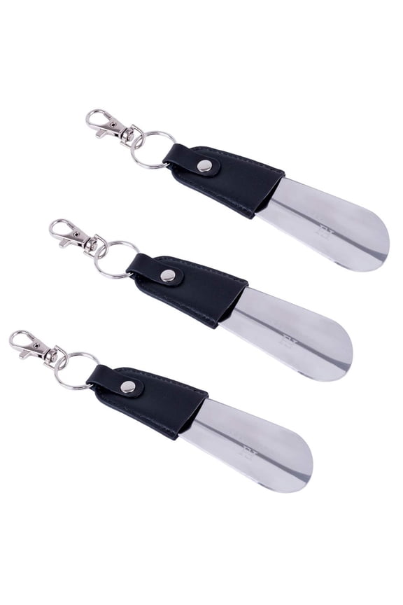 Stainless Steel 5" Travel Shoe Horn with Keychain, Best on-the-go Shoehorn with Genuine Leather Handle Grip, 3 PACK!