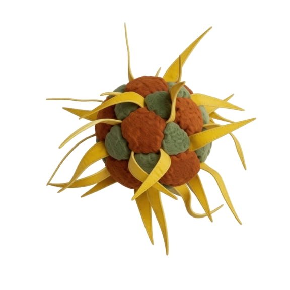 Footbag Stuffed Anatomy Model, Soft Fuzzy Microorganism Display, Spiky Hobby Biology Plush, Dual-Tone Textured Padded Body with Flexible Yellow Stitched Spike Details