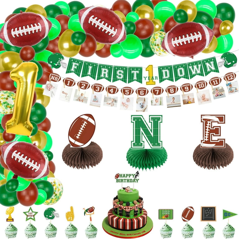 Football 1st Birthday Decorations include First Down Banner Football Monthly Photo Banner One Year Old Centerpiece Cake Toppers Balloons for Boys