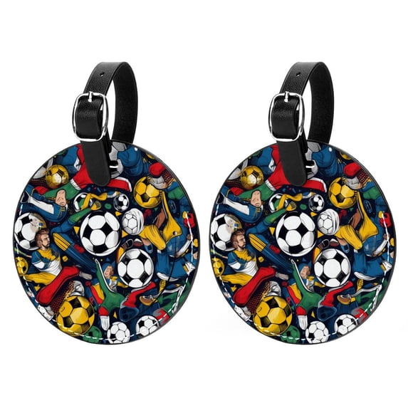 Football 2Pcs PU Leather Round Luggage Tags with Privacy Cover and Name ID Tag for Suitcase, Handbags, Backpacks, School Bags