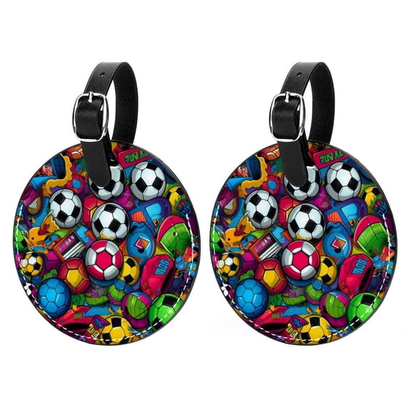 Football 2pcs PU Leather Round Bag Tags Suitcase Handbag Tags with Privacy Cover and Name ID Tag for Travel Luggage, Handbags, Backpacks, School Bags