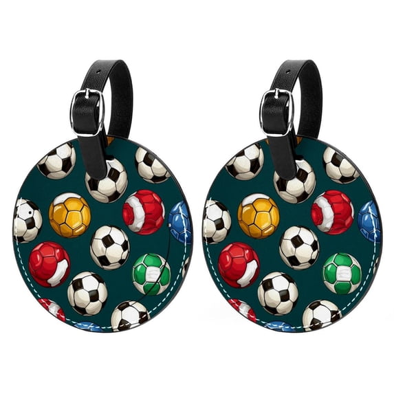 Football 2pcs PU Leather Round Bag Tags Suitcase Handbag Tags with Privacy Cover and Name ID Tag for Travel Luggage, Handbags, Backpacks, School Bags