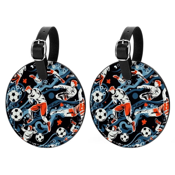 Football 2pcs PU Leather Round Bag Tags with Privacy Cover and Name ID Tag - Suitcase Tags for Travel Luggage, Handbags, Backpacks, School Bags
