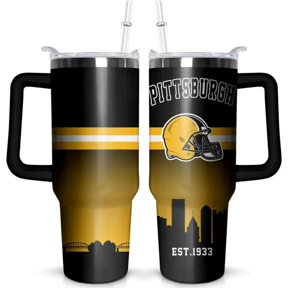 Football 40 OZ Pittsburgh Tumbler with Handle and Straw for Football Fans Gifts Football City Travel Mug Tumbler Cup for Men Women Keeps Drinks Cold & Hot