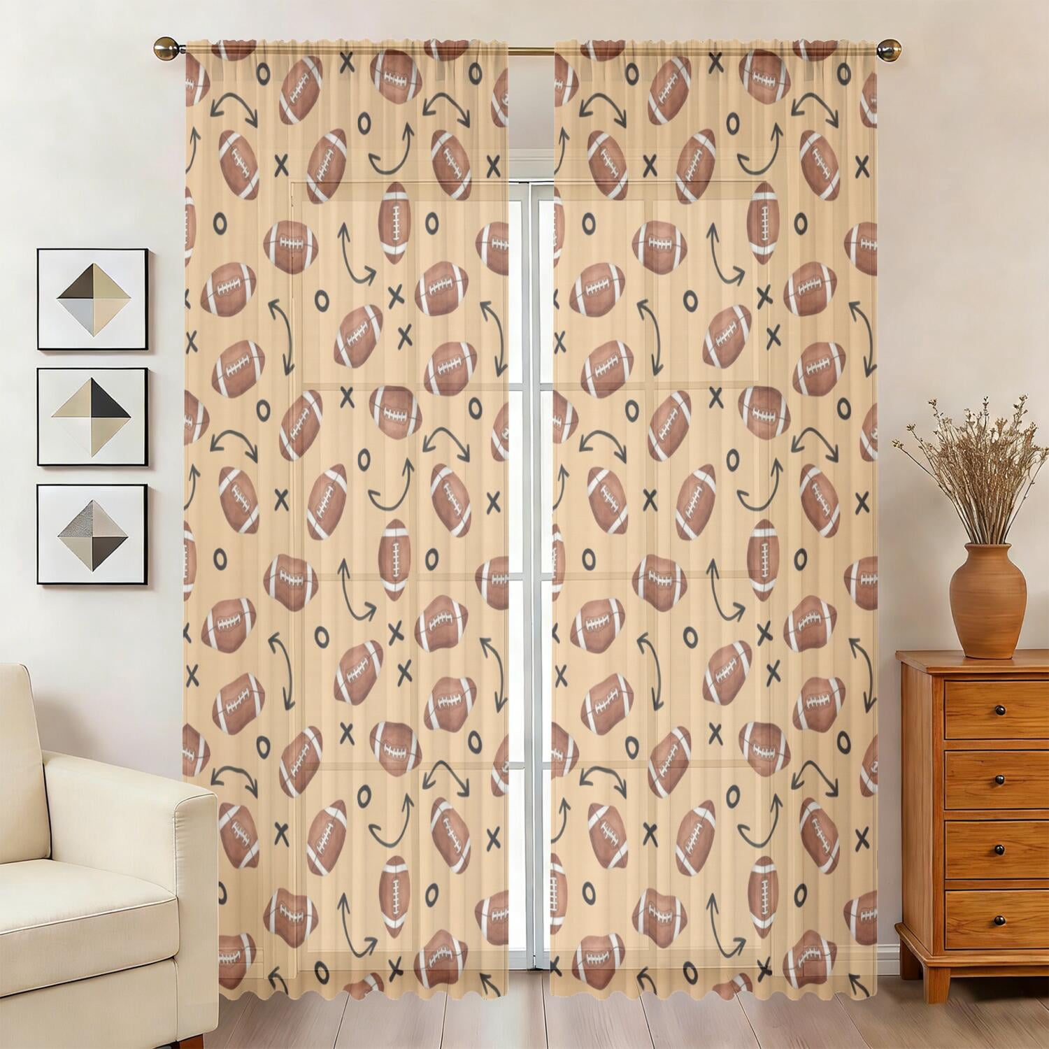 Football Arrow Beige Pattern Sheer Curtains, Sheer Curtain Panels with ...