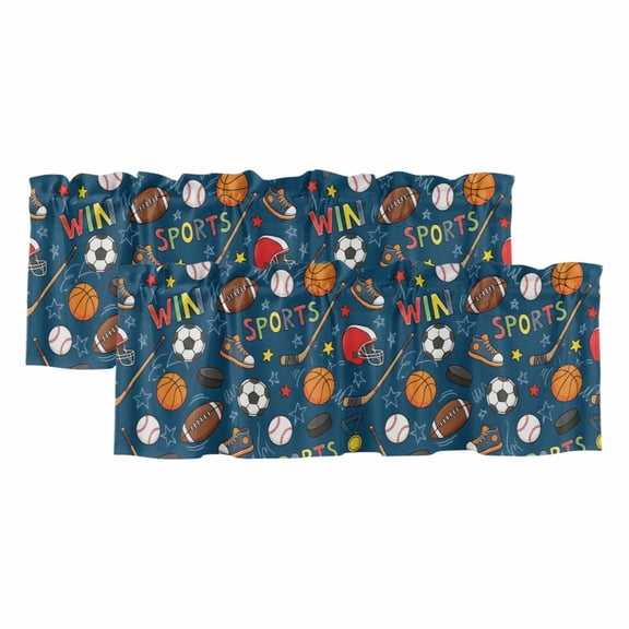 Football Basketball 2 Panels Kitchen Valance, Rugby Baseball Sport Shoes Helmet Win Navy Curtains Valances for Small Windows Rod Pocket Window Treatments for Living Room Bedroom 42"W x 12"L