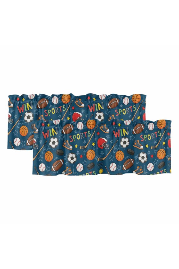 Football Basketball 2 Panels Kitchen Valance, Rugby Baseball Sport Shoes Helmet Win Navy Curtains Valances for Small Windows Rod Pocket Window Treatments for Living Room Bedroom 60"W x 18"L