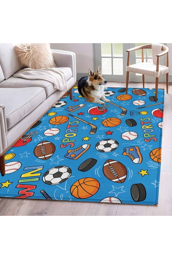 Football Basketball Area Rugs 4x6 ft Rugby Baseball Sport Shoes Helmet Win Blue Washable Rug Non Slip Indoor Carpet Absorbent Floor Mat for Living Room Bedroom Dining Room