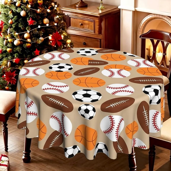 Football Basketball Baseball Combo Print 2D Printed Circular Table Cover, 35/50/60/70 Inch Diameter, Polyester, Game Day Table Decoration, Sports Party Decor