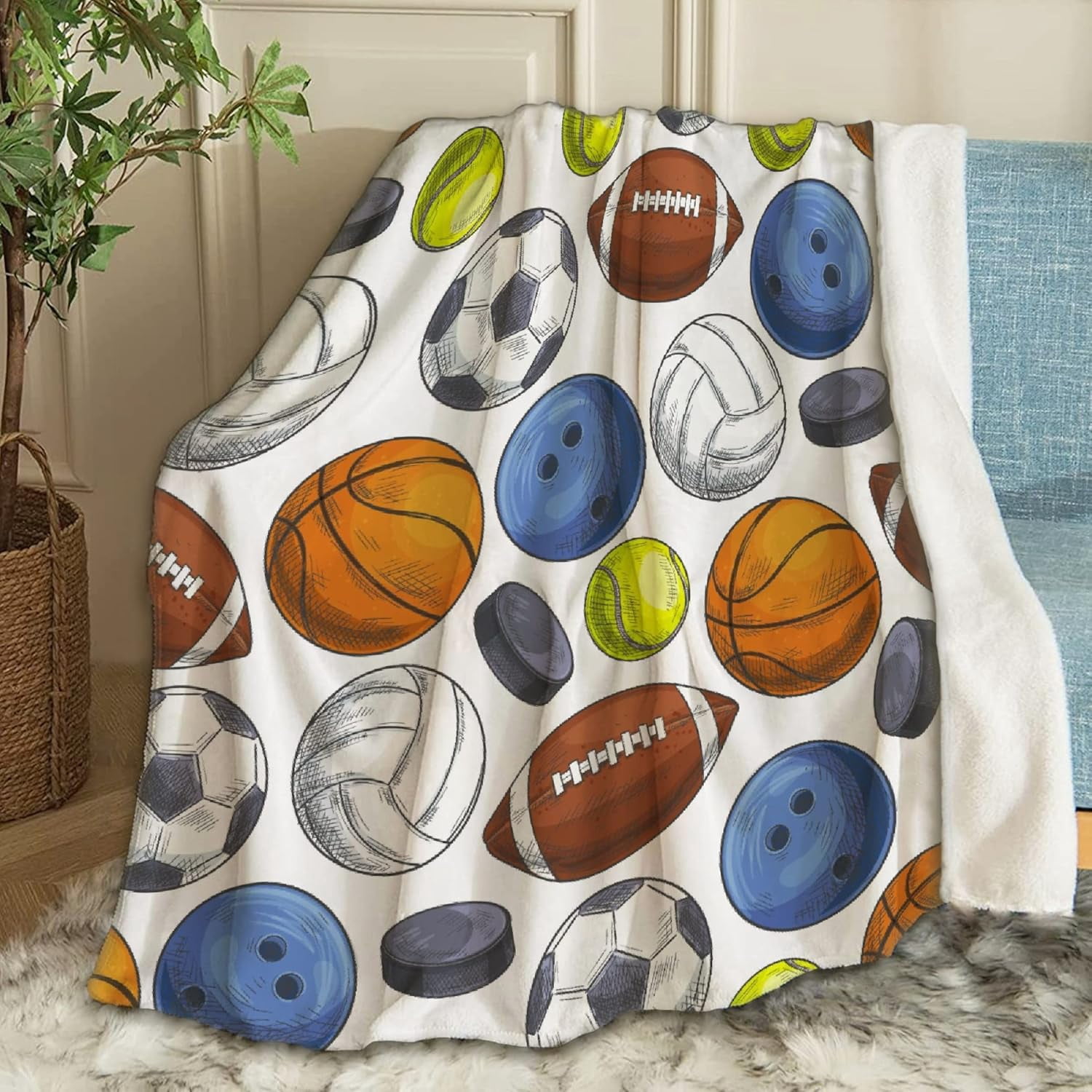 Football Basketball Baseball Sports Super Fan Blanket Gifts Plush Fuzzy Cozy Soft Lightweight Blankets for Couch Air-Conditioning Quilts Decor Blanket for Chirstmas Birthday 80"x60" for Adults