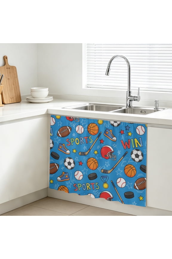 Football Basketball Cabinet Curtains for Kitchen 10"W x 11"L, Rugby Baseball Sport Shoes Helmet Win Blue Under Sink Skirt Magic Tape Short Curtain Decorative Privacy Panel for Bathroom Laundry