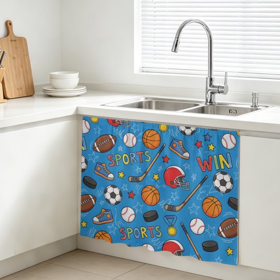 Football Basketball Cabinet Curtains for Kitchen 11"W x 13"L, Rugby Baseball Sport Shoes Helmet Win Blue Vanity Cabinet Curtains Magic Tape Short Curtain Decor Privacy Panel for Bathroom Laundry