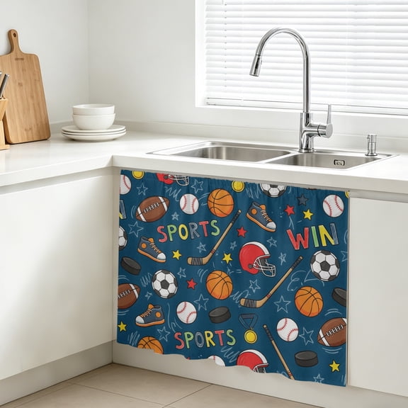 Football Basketball Cabinet Curtains for Kitchen 11"W x 13"L, Rugby Baseball Sport Shoes Helmet Win Navy Vanity Cabinet Curtains Magic Tape Short Curtain Decor Privacy Panel for Bathroom Laundry