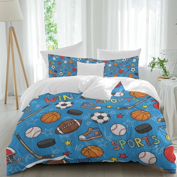 Football Basketball California King Duvet Cover Set, Rugby Baseball Sport Shoes Helmet Win Blue 4 Piece Microfiber Bedding Set with Zipper Closure, Bed Sheet and 2 Pillow Shams, Soft Bedding Cover