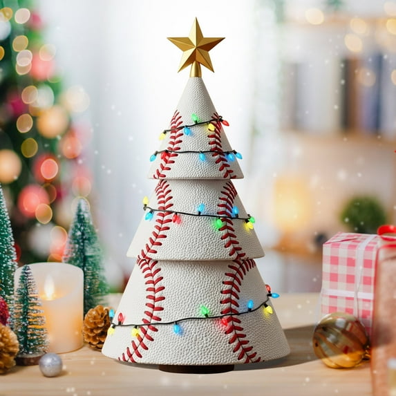 Football/Basketball Christmas Tree Decor, Fun Decorative Football - Tree Mashup with a Gold Star, Christmas Table Decorations Figurine Set Perfect for Indoor Desks