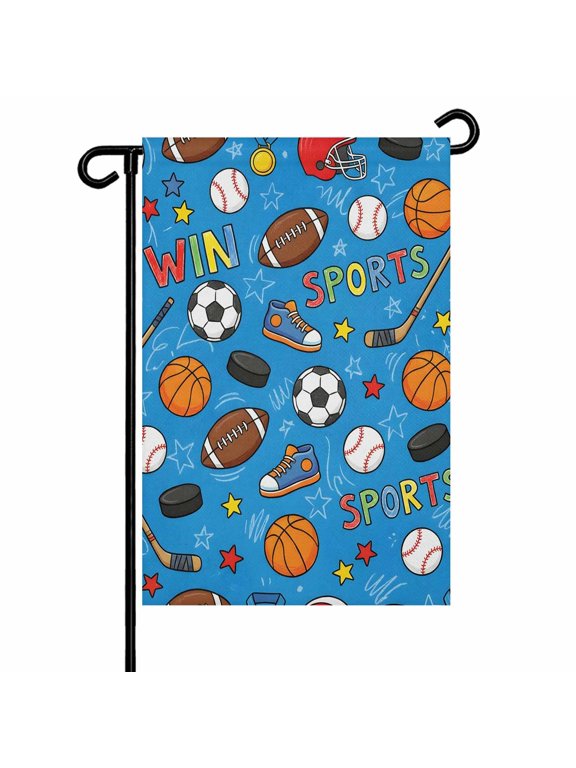 Football Basketball Garden Flag 12x18 Inch Rugby Baseball Sport Shoes Helmet Win Blue Double Sided Small Decorative Garden Flags for Outside, Outdoor Yard Porch Lawn Decoration