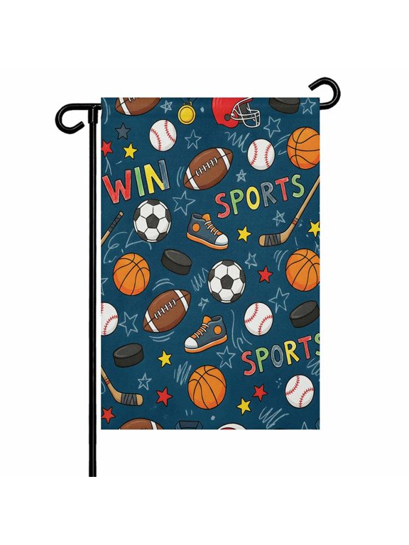 Football Basketball Garden Flag 28x40 Inch Rugby Baseball Sport Shoes Helmet Win Navy Double Sided Small Decorative Garden Flags for Outside, Outdoor Yard Porch Lawn Decoration
