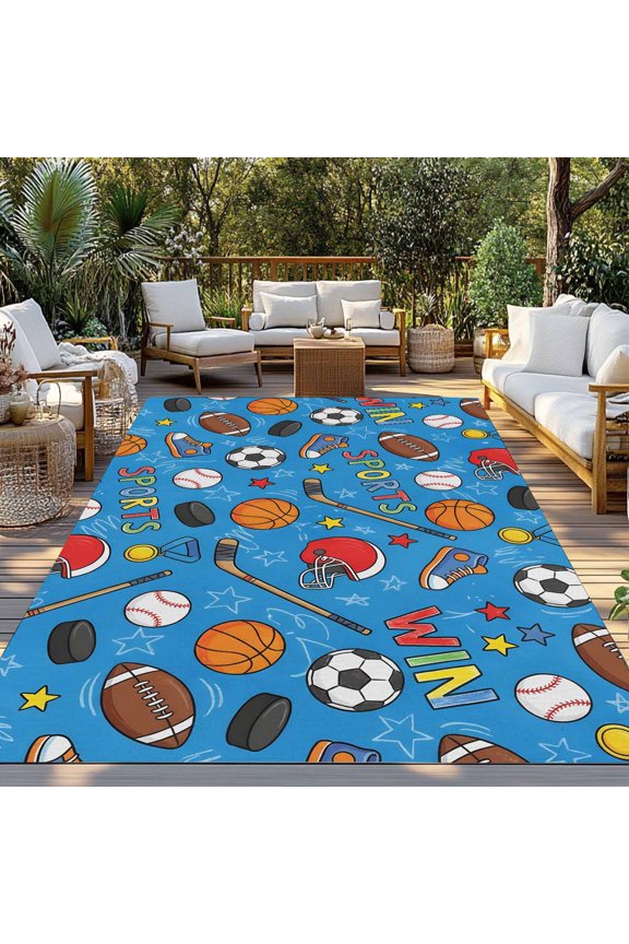 Football Basketball Indoor Outdoor Rugs 3x5 Ft, Rugby Baseball Sport Shoes Helmet Win Blue Outdoor Patio Rugs Mat Washable Outside Area Rugs Carpet for Porch Deck RV Camping Pool Balcony Backyard