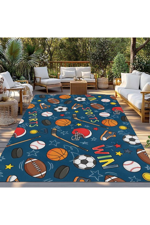 Football Basketball Indoor Outdoor Rugs 3x5 Ft, Rugby Baseball Sport Shoes Helmet Win Navy Outdoor Patio Rugs Mat Washable Outside Area Rugs Carpet for Porch Deck RV Camping Pool Balcony Backyard