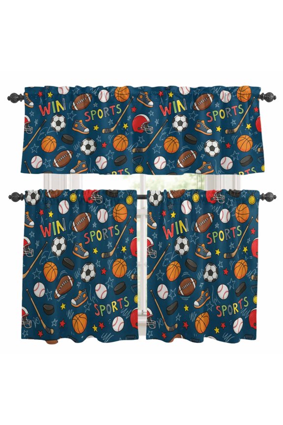 Football Basketball Kitchen Curtains and Valances Set, Rugby Baseball Sport Shoes Helmet Win Navy Rod Pocket Window Valance Window Curtain Panels for Living Room Bedroom Laundry, 27.5x24in, 3 Pieces