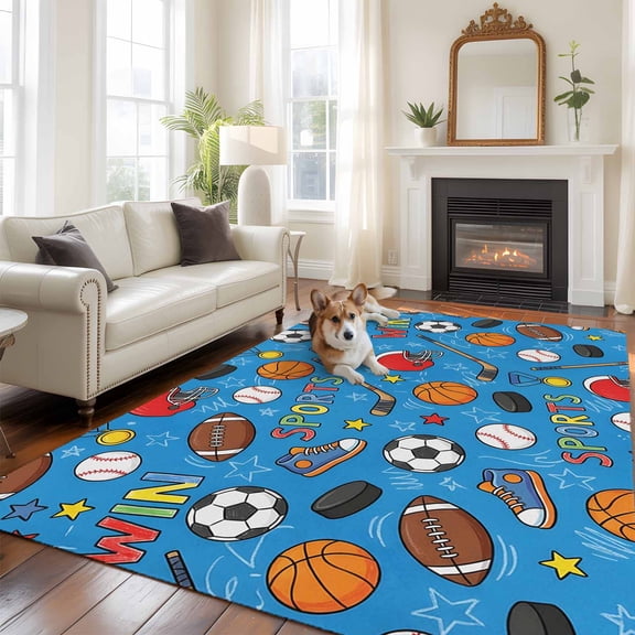 Football Basketball Large Area Rugs 5x8 ft Rugby Baseball Sport Shoes Helmet Win Blue Washable Rug Non Slip Indoor Carpet Absorbent Floor Mat for Living Room Bedroom Dining Room