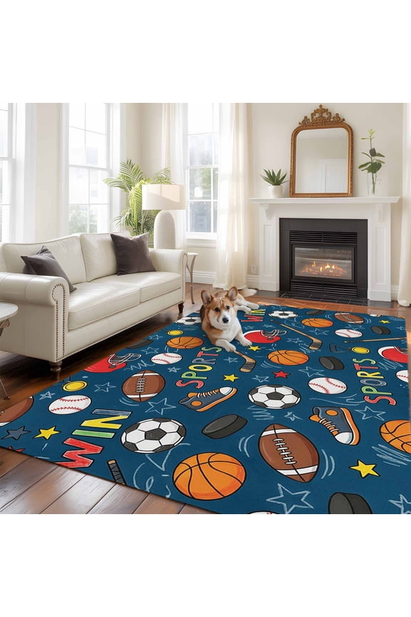 Football Basketball Large Area Rugs 6x9 ft Rugby Baseball Sport Shoes Helmet Win Navy Washable Rug Non Slip Indoor Carpet Absorbent Floor Mat for Living Room Bedroom Dining Room