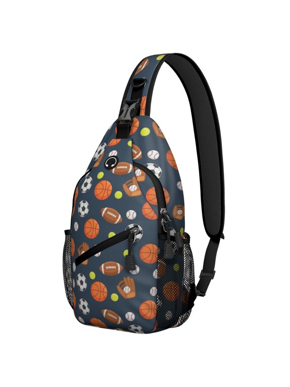 Football and Basketball Navy Pattern Sling Backpack, Unisex Daily Travel Sling Pack with Side Mesh Pockets, Breathable Padded Back Gift Ideas for Holiday Birthday Gifts