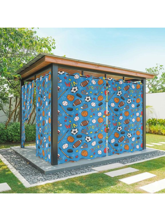Football Basketball Outdoor Curtains for Patio, Rugby Baseball Sport Shoes Helmet Win Blue Waterproof Outside Curtains Privacy Blackout Curtain for Porch Pergola Cabana, 1 Panel 54W x 84L Inch