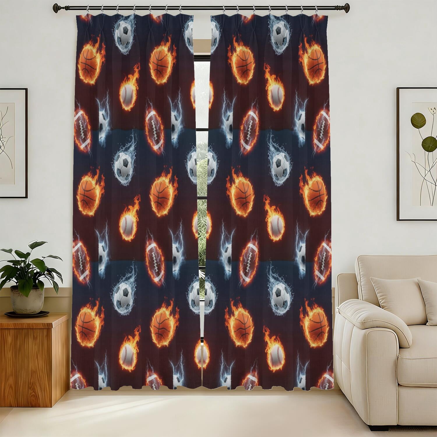 English Red Pattern Football and Basketball Red Pattern Pinch Pleat Semi Sheer Linen ...